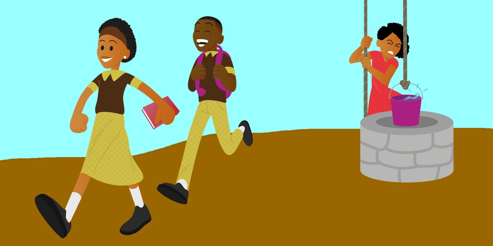 Girl and boy going to school while another girl is working.