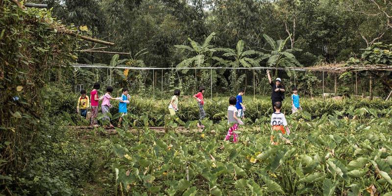 Children walking through lush garden.