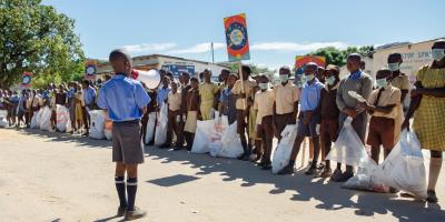Children getting ready for litter picking. 