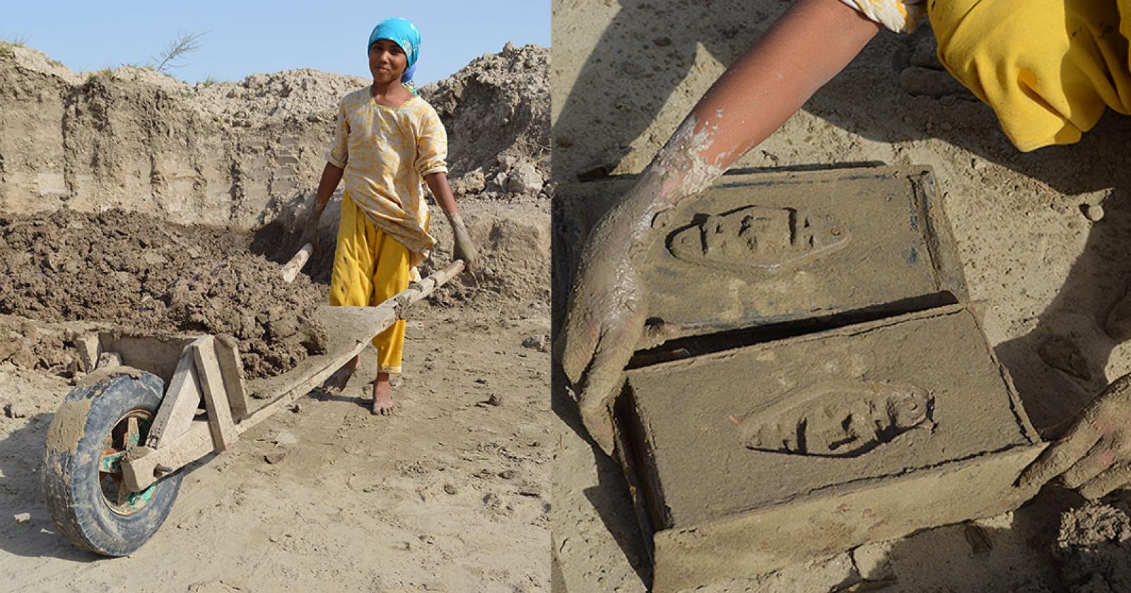 Nosheen working with heavy cart and bricks