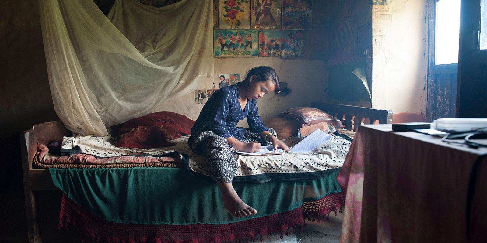 Girls studying at home