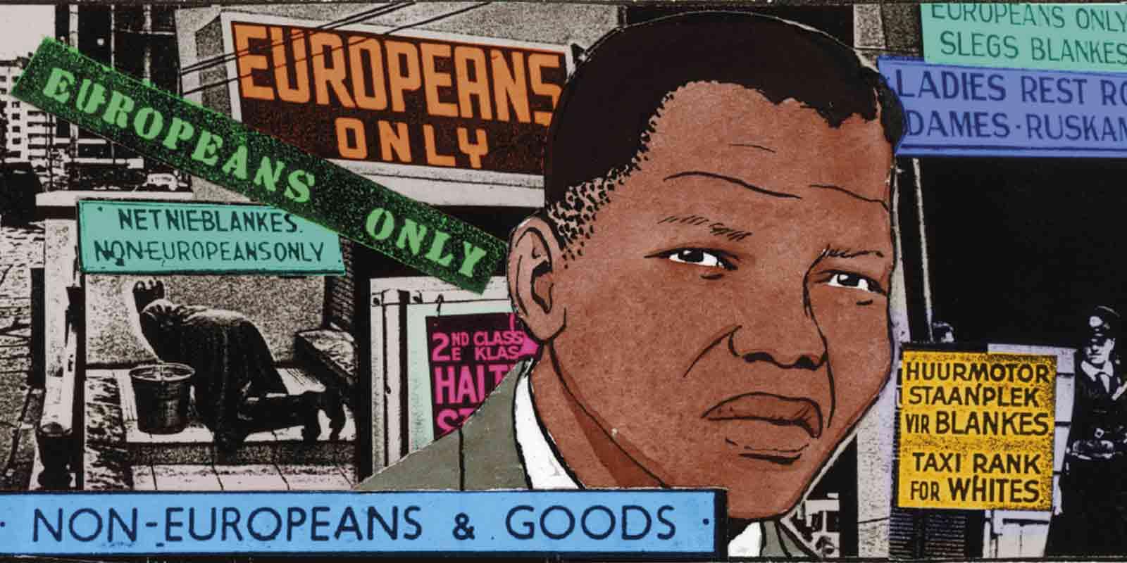 A young Nelson Mandela surrounded by apartheid symbols and signs.